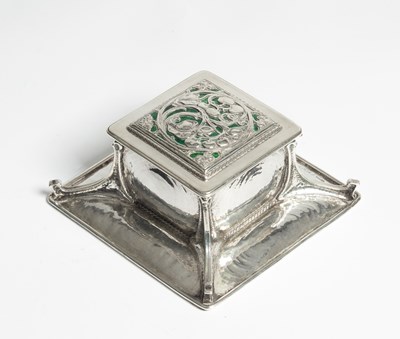 Lot 60 - An Arts & Crafts silver and green enamel inkstand