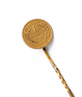 Lot 264 - A yellow metal tie pin mounted with a USA 1850 1 Dollar coin