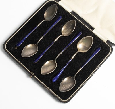 Lot 103 - A set of six silver and enamel coffee spoons