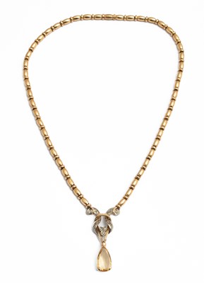 Lot 179 - A Portuguese yellow gold topaz and diamond necklace