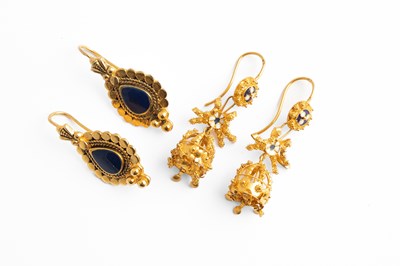 Lot 180 - A pair of Portuguese 19k yellow gold and enamel drop earrings