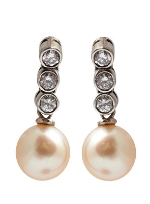 Lot 185 - A pair of pearl and diamond drop earrings