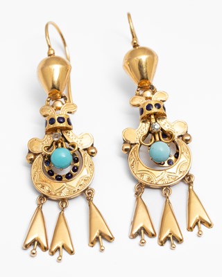 Lot 196 - A pair of Portuguese 19k yellow gold gem set earrings