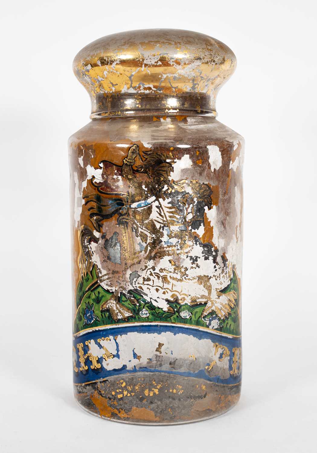 Lot 115 - A Victorian reverse-painted glass apothecary jar and cover