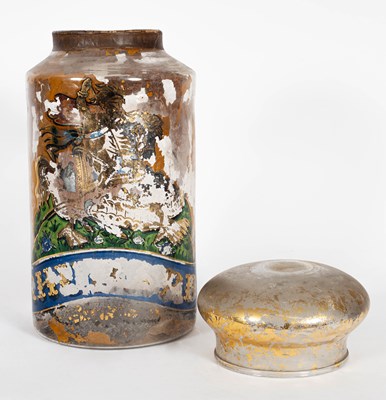 Lot 115 - A Victorian reverse-painted glass apothecary jar and cover