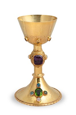 Lot 50 - An important Arts & Crafts 22ct gold and gem-set chalice and paten