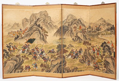 Lot 605 - A Korean four-fold painted screen