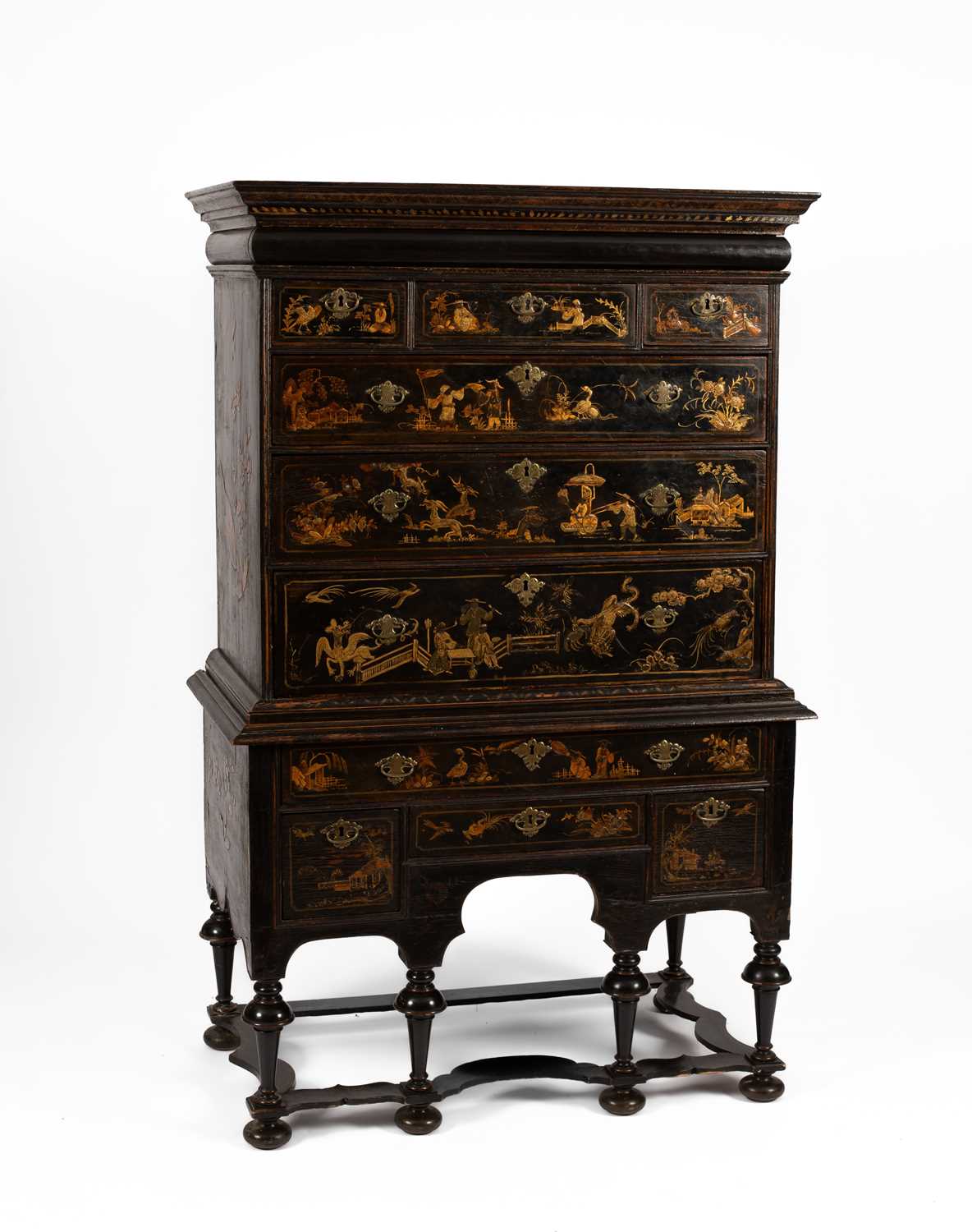 Lot 299 - An 18th Century and later black lacquer and gilt chinoiserie decorated chest on stand