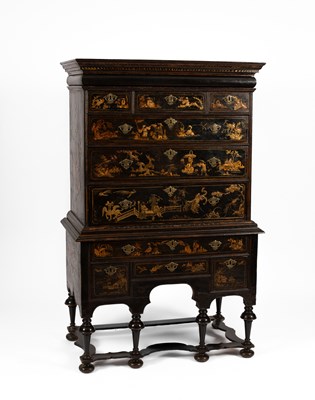 Lot 299 - An 18th Century and later black lacquer and gilt chinoiserie decorated chest on stand