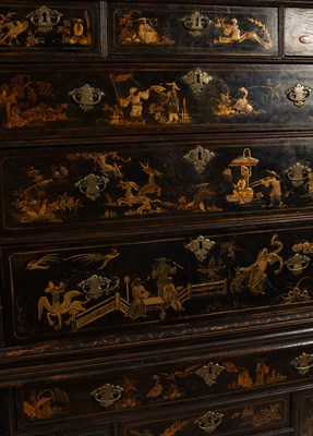 Lot 299 - An 18th Century and later black lacquer and gilt chinoiserie decorated chest on stand