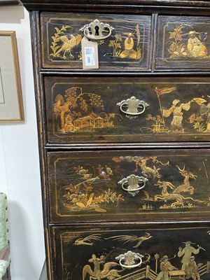 Lot 299 - An 18th Century and later black lacquer and gilt chinoiserie decorated chest on stand