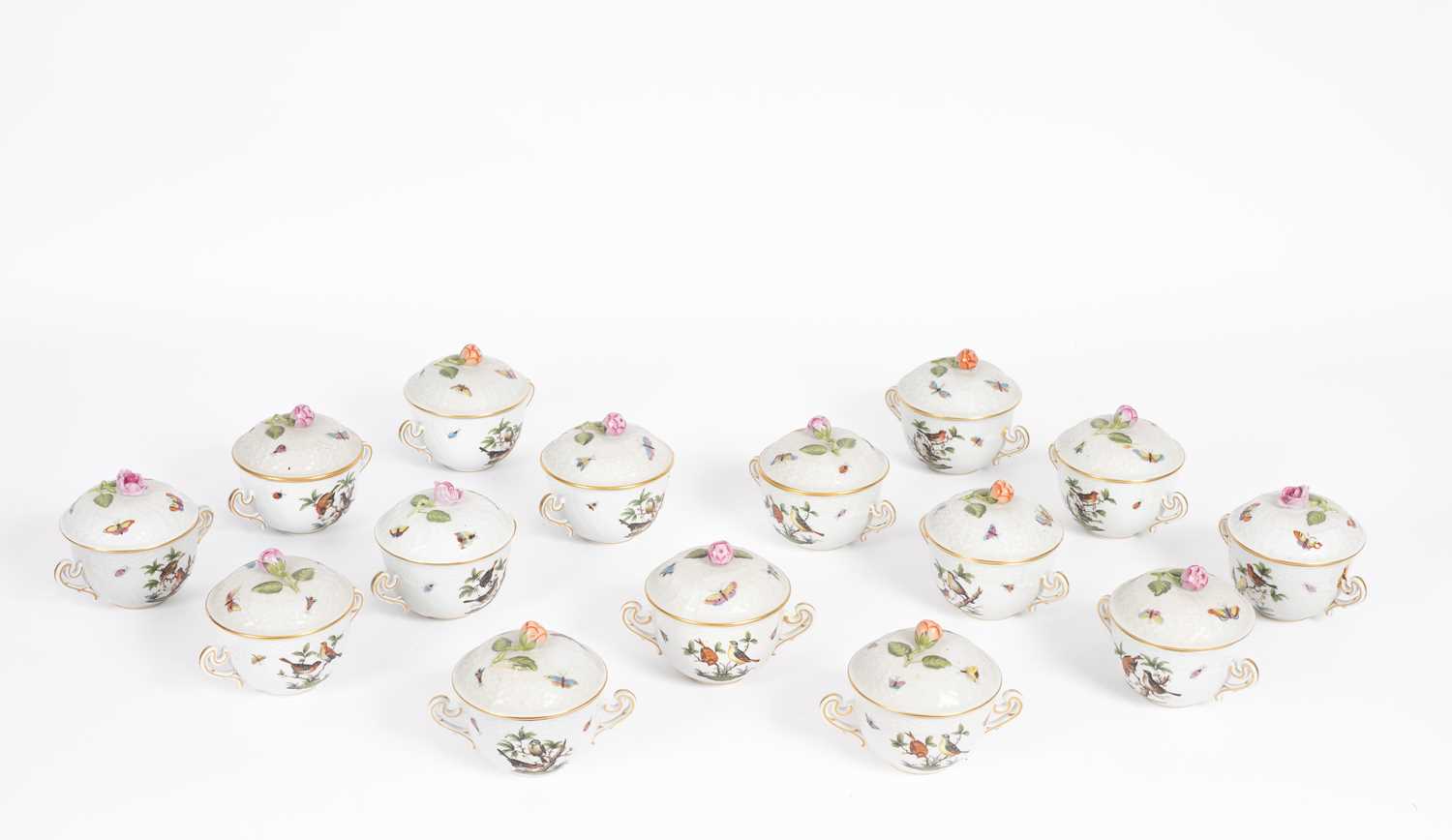 Lot 92 - Fifteen Herend Rothschild Birds pattern soup bowls and covers