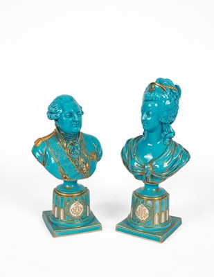 Lot 390 - A pair of Sèvres style turquoise ground portrait busts of Louis XVI and Marie Antoinette