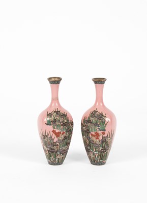 Lot 601 - A pair of Japanese white metal and pink cloisonné vases