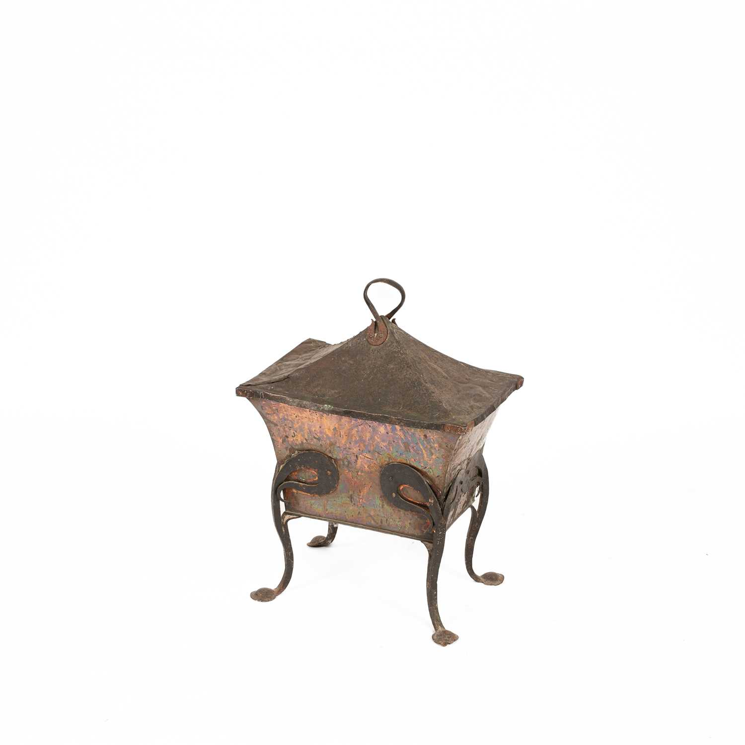 Lot 430 - An Arts & Crafts copper and wrought iron lidded coal scuttle