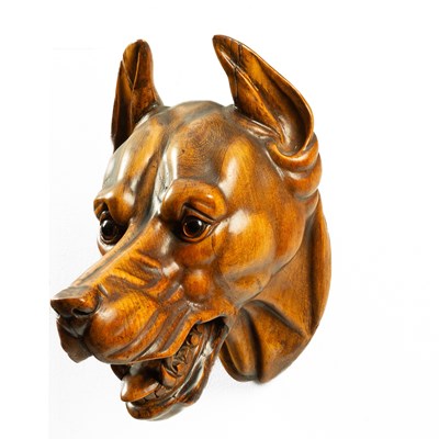 Lot 335 - A carved wooden head of a fierce Great Dane
