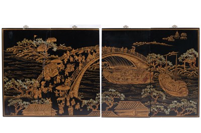 Lot 353 - A Chinese black lacquered four-fold screen/wall hanging