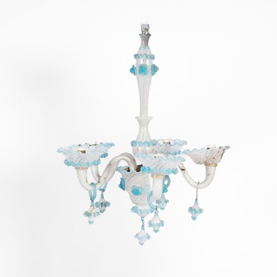 Lot 644 - A Murano latticino glass five-branch chandelier