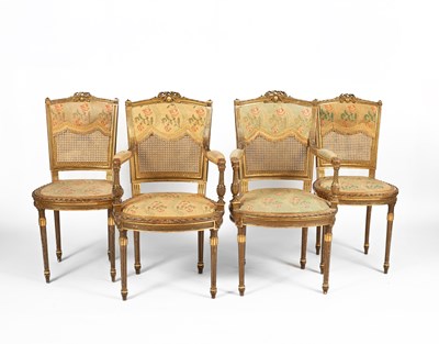 Lot 197 - A Louis XVI style gilt framed salon suite