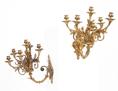 Lot 545 - A pair of 20th Century gilt brass six light wall sconces