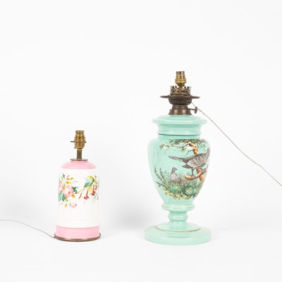 Lot 379 - A Vaseline glass hand painted lamp