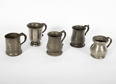 Lot 96 - Five 19th Century pewter one pint tavern mugs of various forms