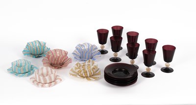 Lot 498 - Six Venetian coloured latticino bowls and stands