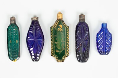 Lot 373 - Five Georgian coloured glass flattened scent bottles