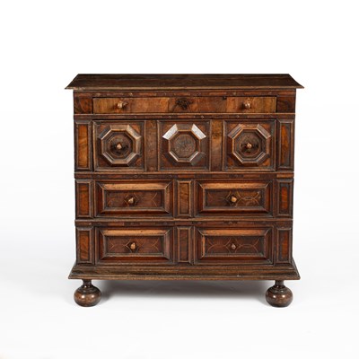 Lot 789 - A Jacobean oak, walnut and fruitwood moulded front chest