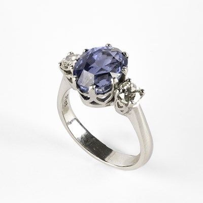 Lot A Ceylon sapphire and diamond three stone ring