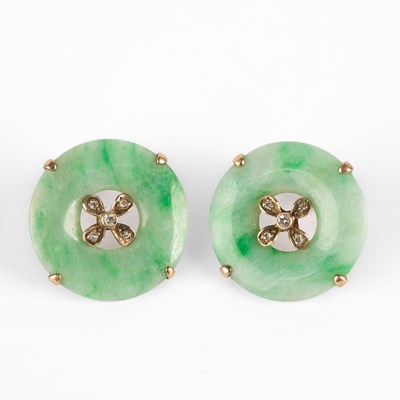 Lot 248 - A pair of jade and diamond earrings