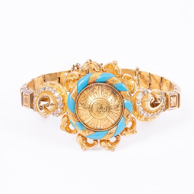 Lot 74 - A Victorian gold, diamond and turquoise enamel bracelet