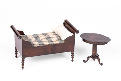 Lot 448 - A Rock & Graner tinplate dolls' house sleigh bed and a pedestal table