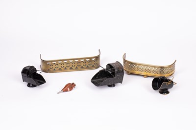 Lot 492 - Two brass dolls' house fenders and three dolls' house tinplate coal scuttles