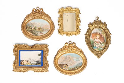Lot 561 - Four dolls’ house pictures and an Erhard mirror