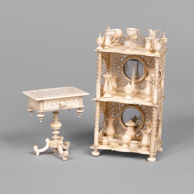 Lot 582 - A German bone dolls' house whatnot and a sewing table