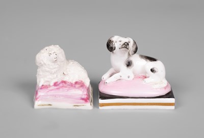 Lot 613 - Two English porcelain miniature models of spaniels