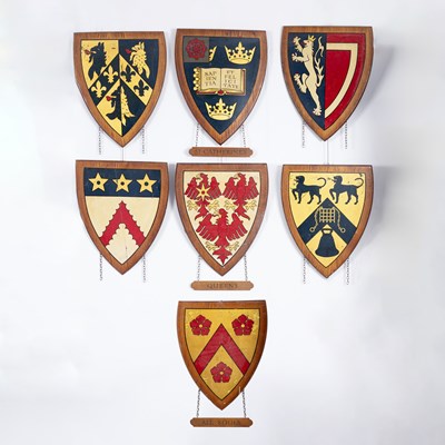 Lot 8 - A collection of painted wood university heraldic shields