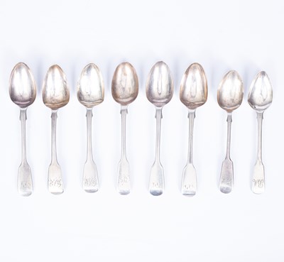 Lot 40 - Eight Georgian and later fiddle pattern silver teaspoons
