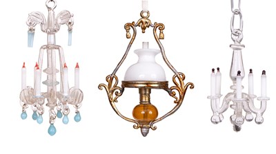 Lot 606 - A Gerlach dolls' house hanging oil lamp and two glass chandeliers