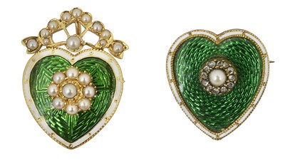 Lot 632 - Two yellow metal enamel and pearl heart shape brooches
