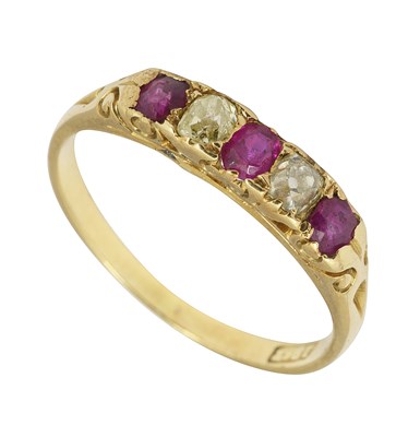Lot 639 - A yellow metal ruby and diamond five-stone ring
