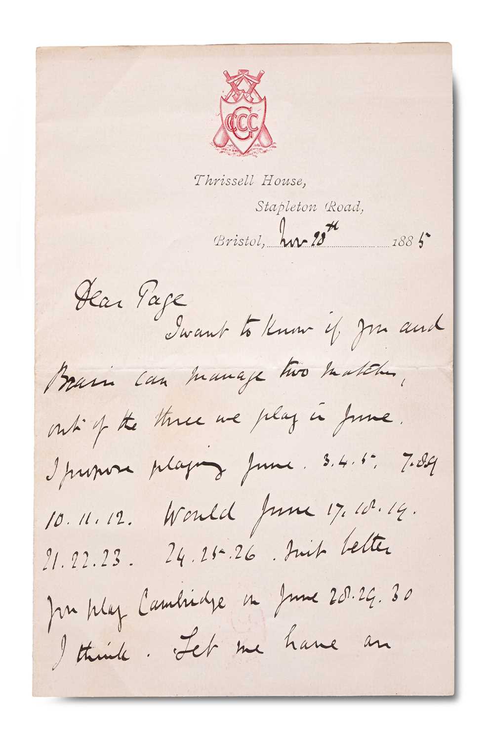 Lot W.G. Grace [William Gilbert Grace] Manuscript autograph Letter 1885