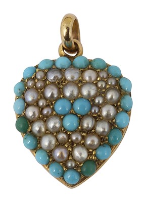 Lot 630 - A Victorian yellow metal seed pearl and turquoise heart shaped pendant