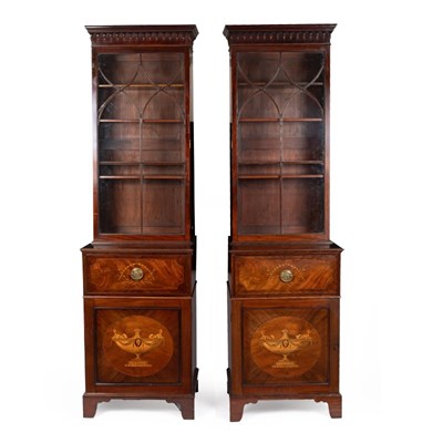 Lot 799 - A pair of George III style mahogany and marquetry inlaid display cabinets