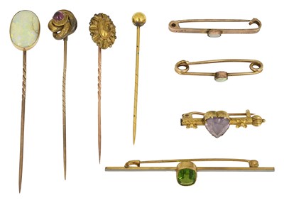 Lot 651 - A quantity of 9ct gold and gilt metal stick pins and bar brooches