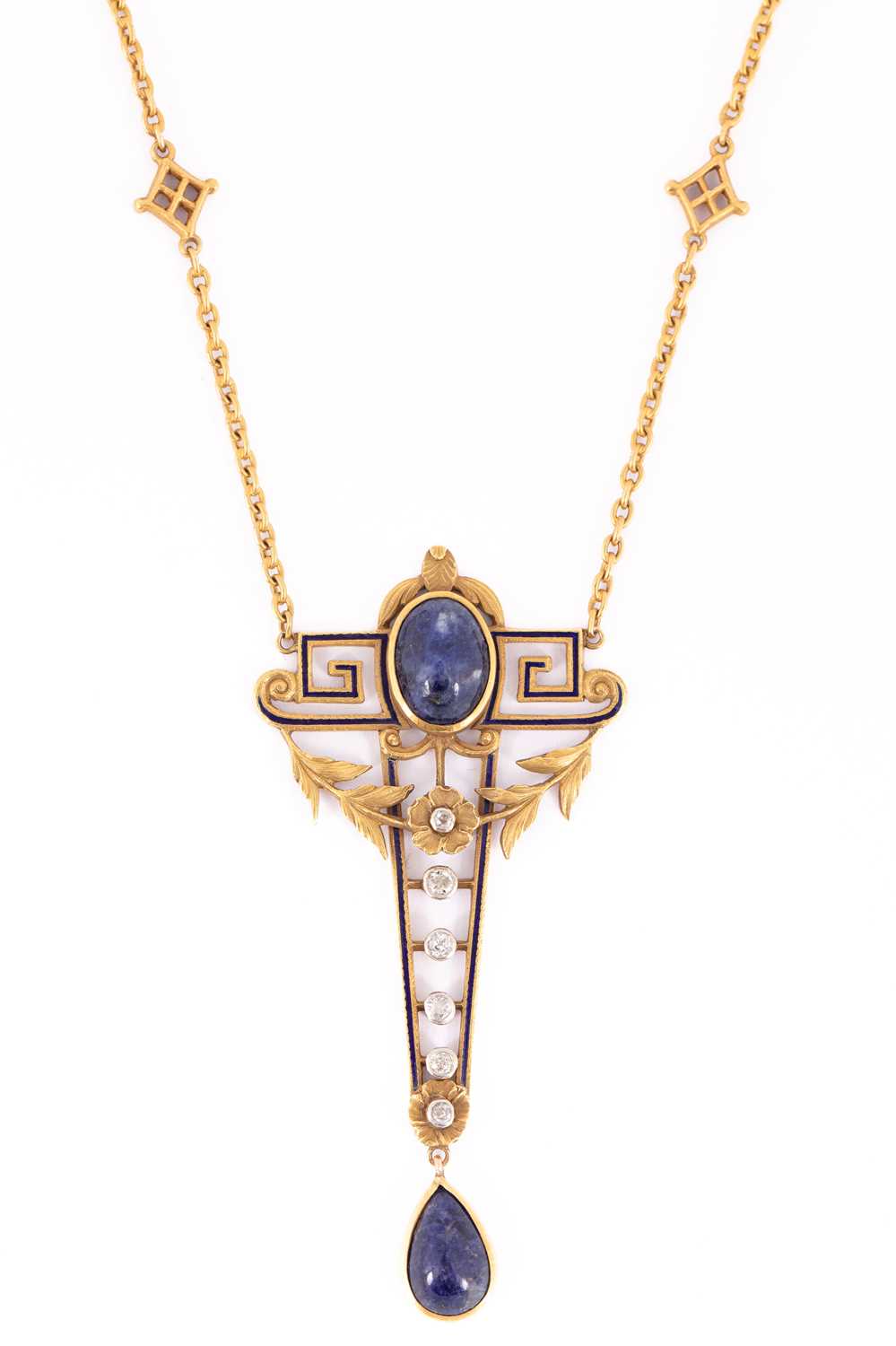 Lot 19 - A diamond, lapis and enamel pendant necklace