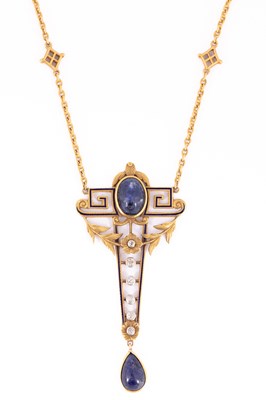 Lot 19 - A diamond, lapis and enamel pendant necklace