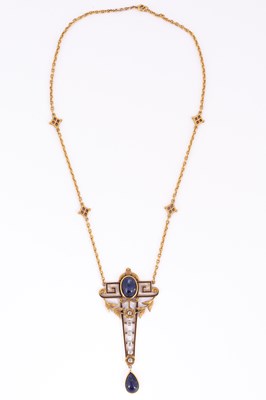 Lot 19 - A diamond, lapis and enamel pendant necklace