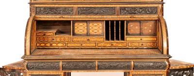 Lot 380 - A Japanese Hakone parquetry and marquetry cylinder roll top bureau